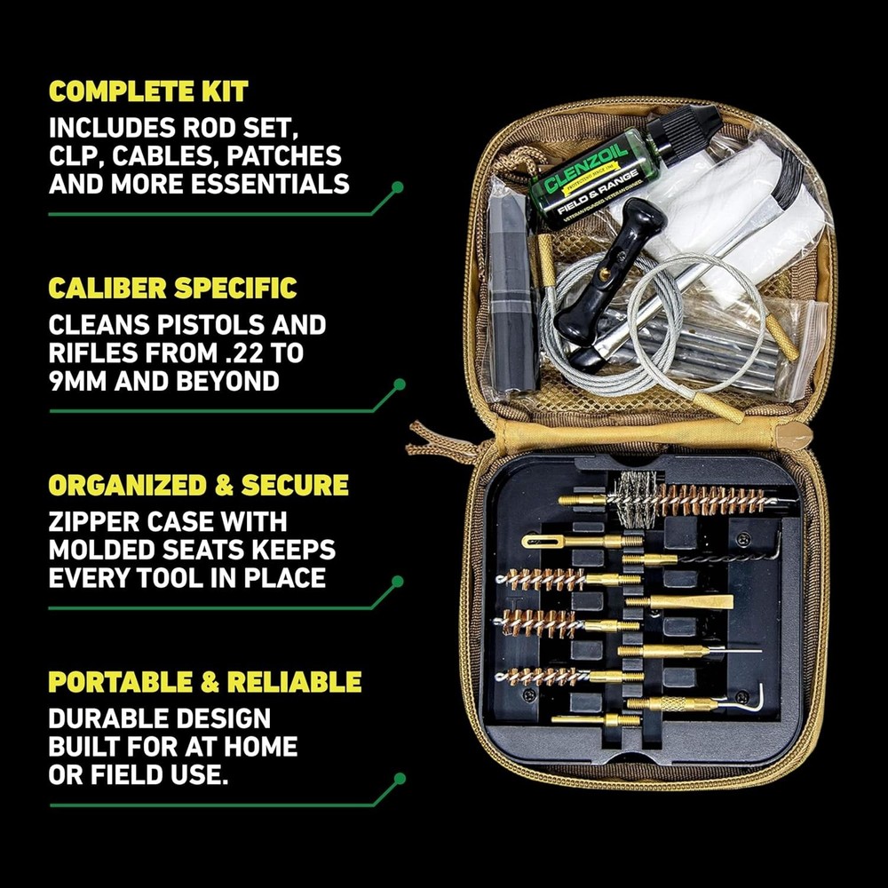 Compact Multi-Caliber Tactical Cleaning Kit with Molle Strap & Brass Brushes