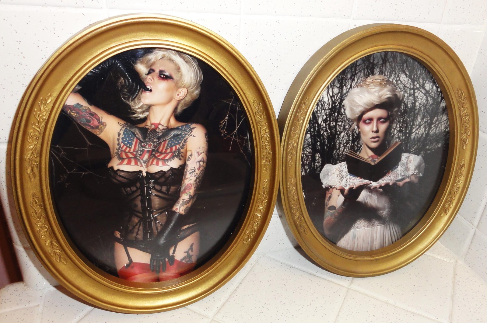 Vintage Two Gold Oval Frames with Gothic Pinup Girl Photos Vampire Look tattooed