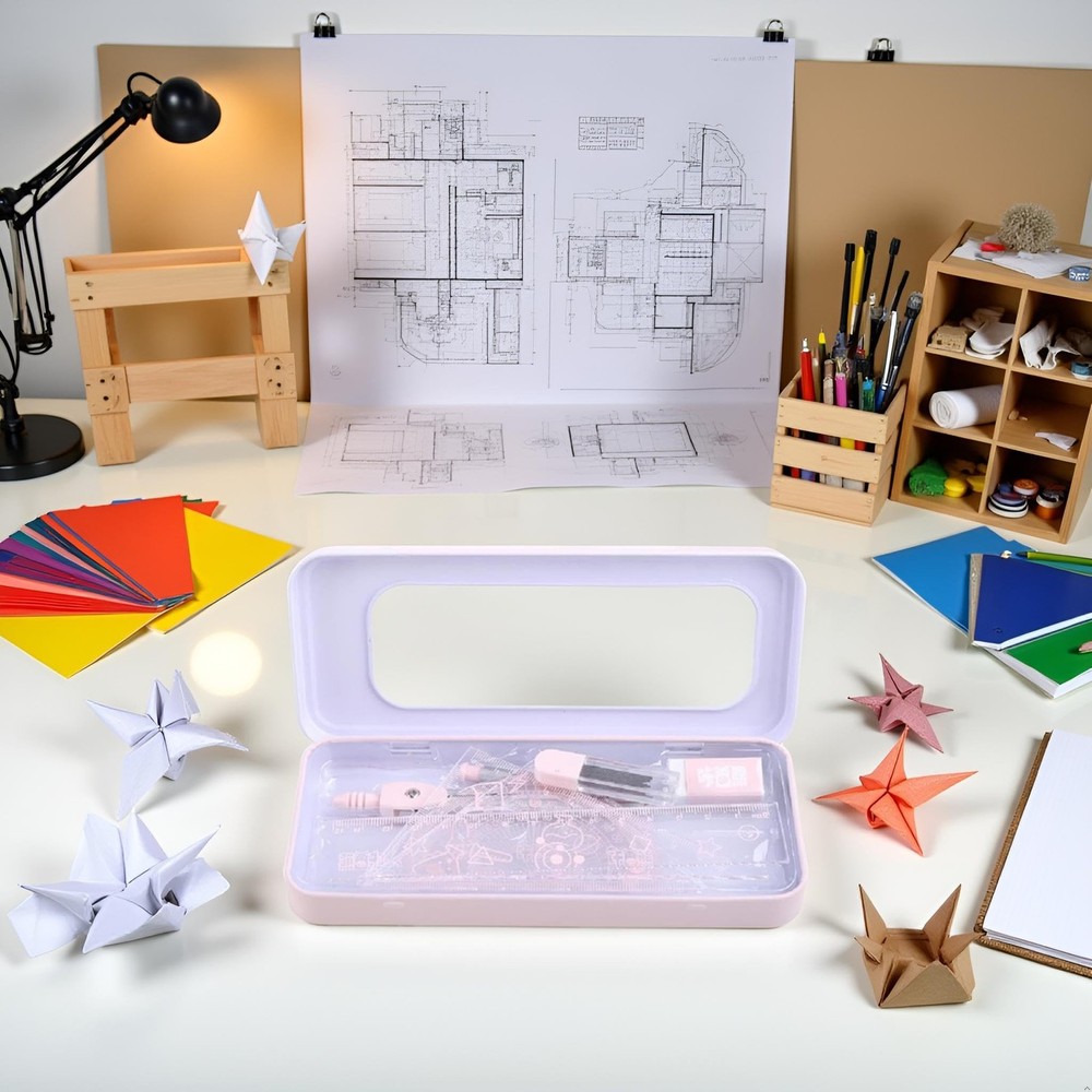 7Pcs Pink Compass Protractor Set with Portable Box Geometry Drafting Tools Se...