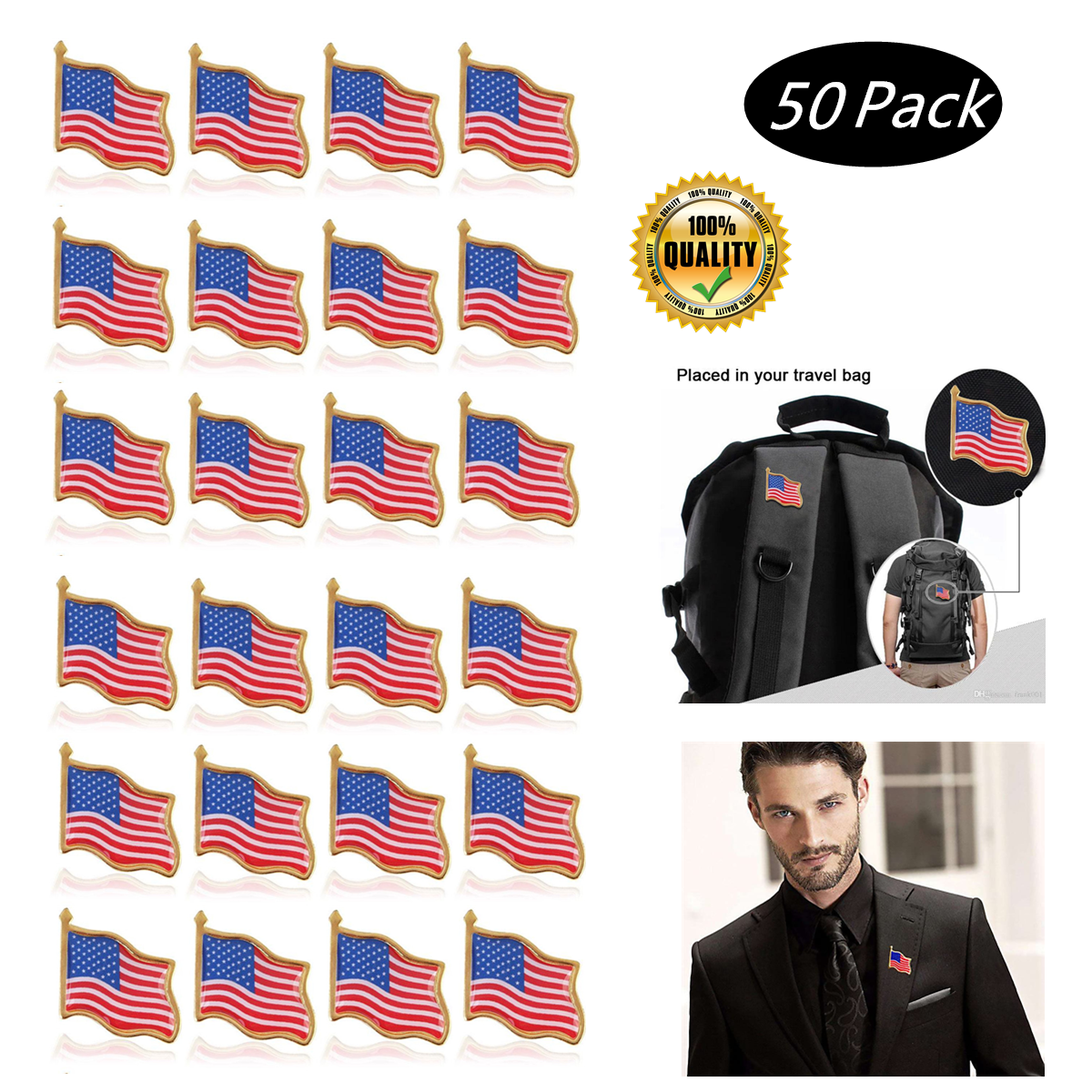 American Flag Label Pins Lot of 50 USA Hat Tie Tack Badge