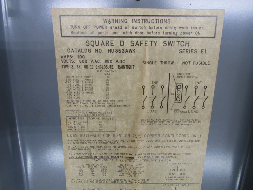 Square D HU363AWK Safety Switch Series E1