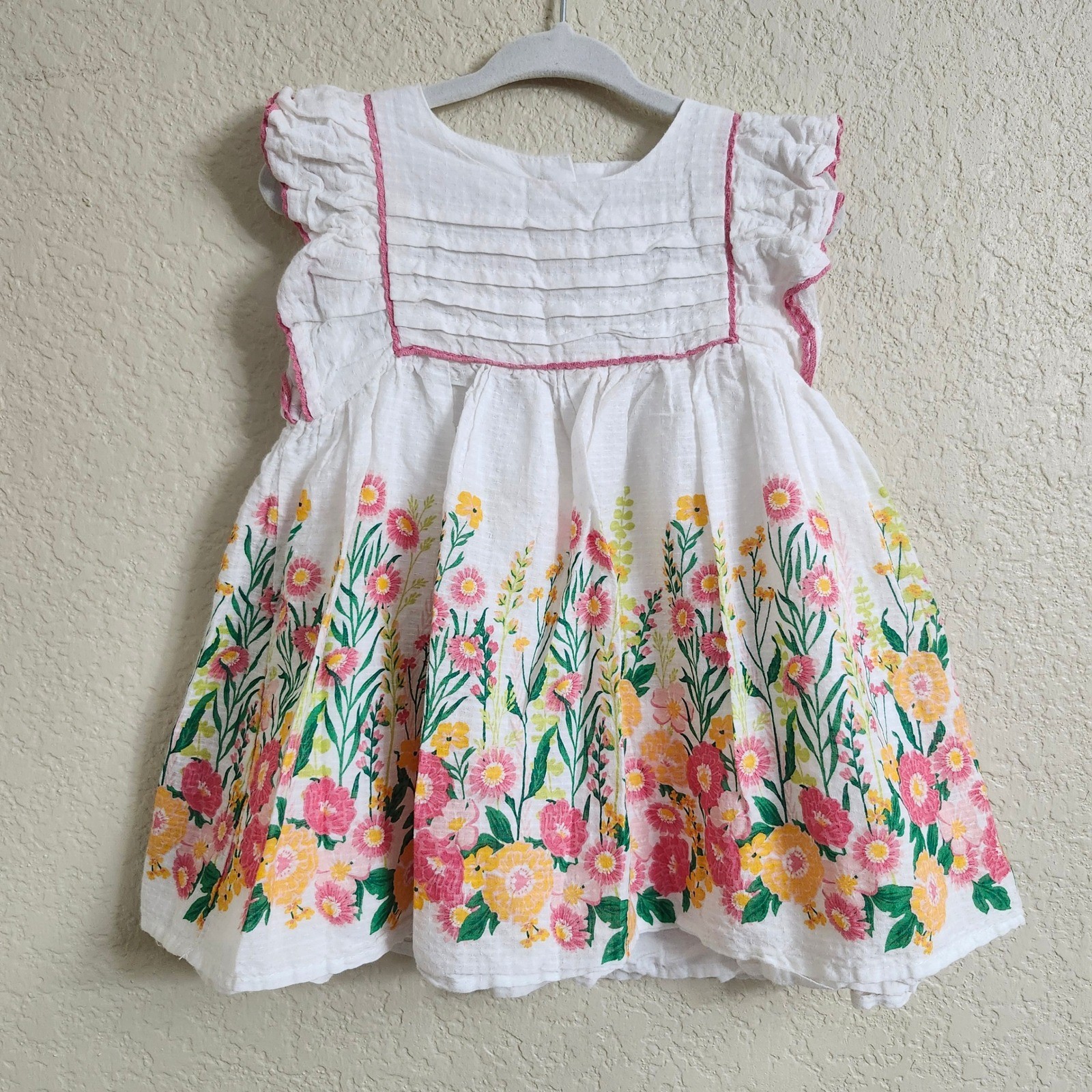 Haute Hippie Baby 24M White Floral Spring Cotton Ruffle Dress Pink Yellow
