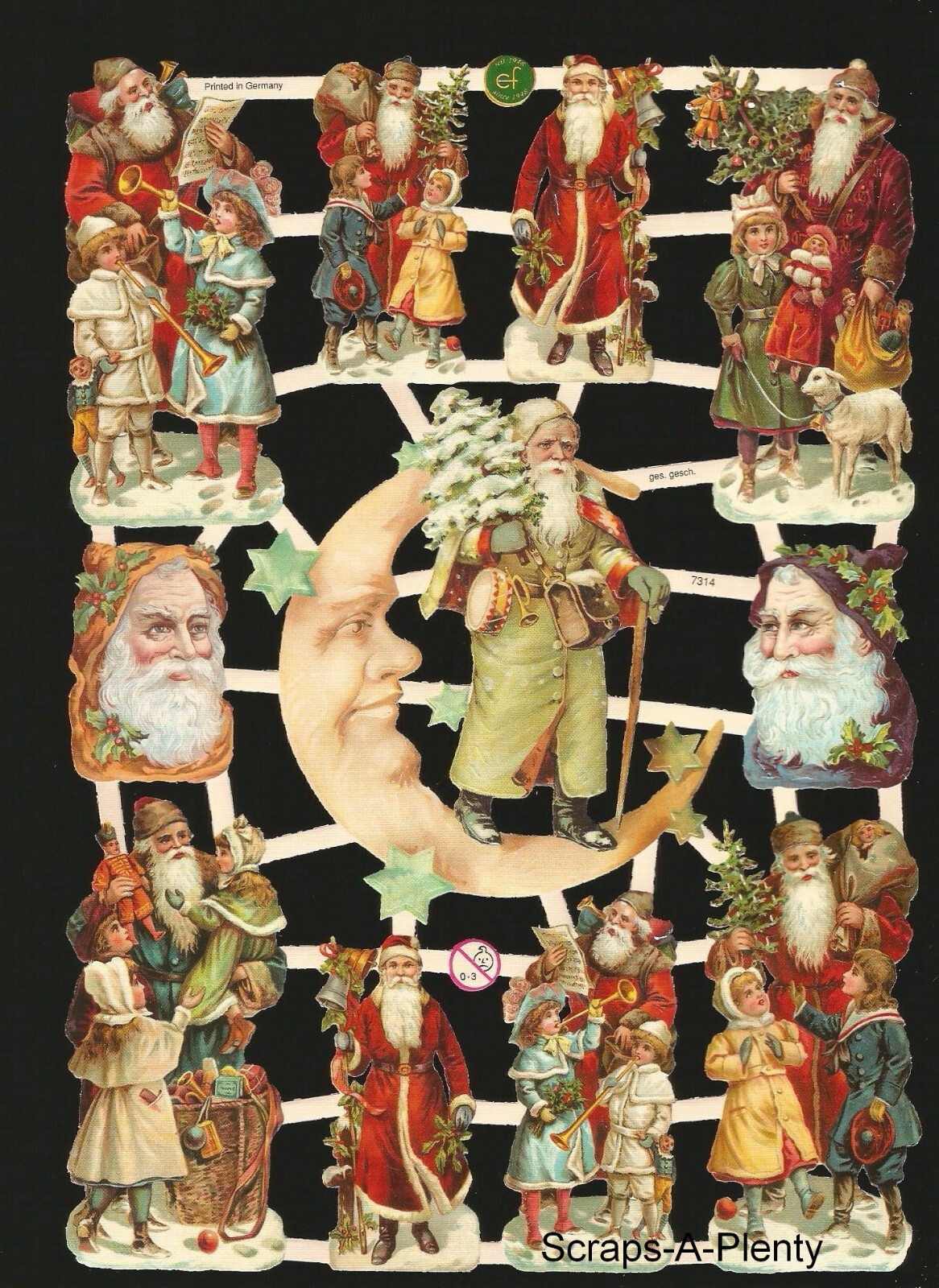 German Embossed Style Scrap Die Cut Relief - Christmas Santa Moon WOW   EF7314