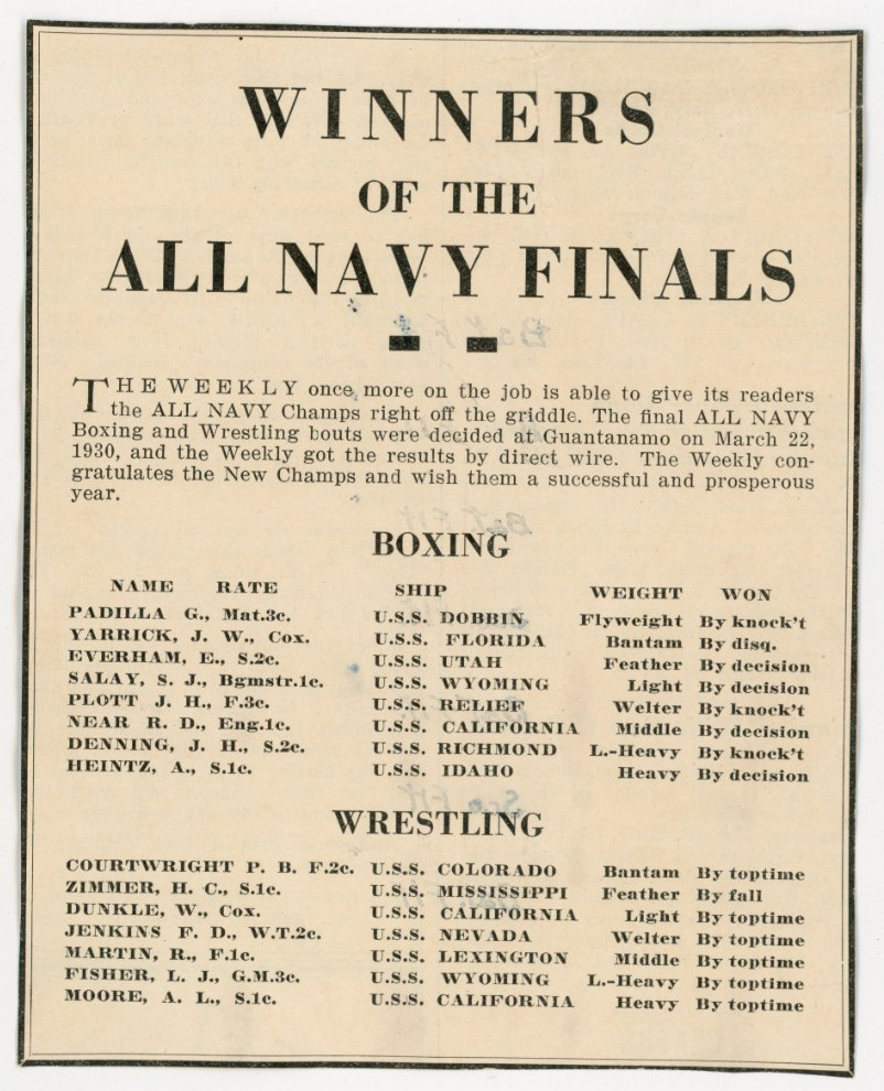 1930 U.S. Navy Wrestling & Boxing Program w/ Winner Sheet #8R