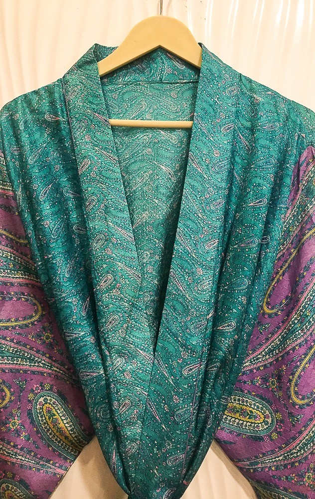 Pure Silk Blue/Green kimono Long Robe Gown Woman Silk Robe Kimono KMO5575