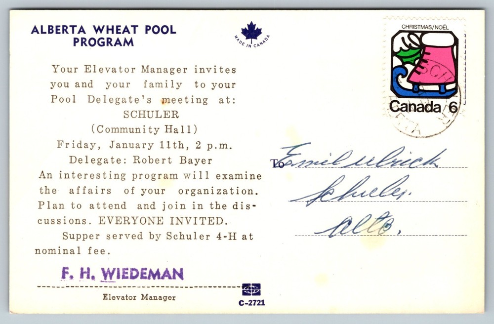 Schuler Alberta Wheat Pool Program Delegate's Meeting 1970s Christmas Postcard