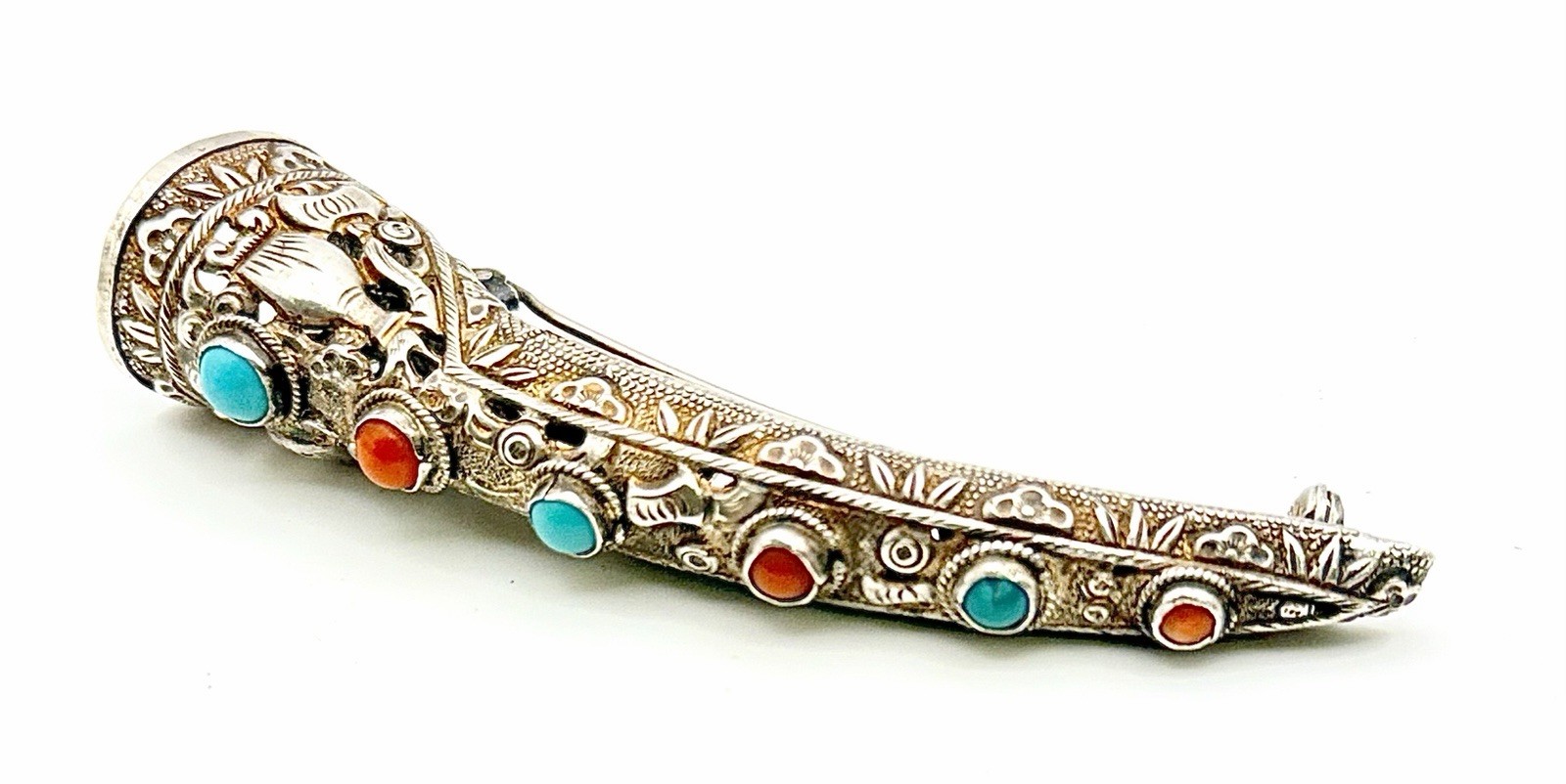 Antique Silver Chinese Finger Nail Guard / Protector Pin Rare Coral & Turquoise