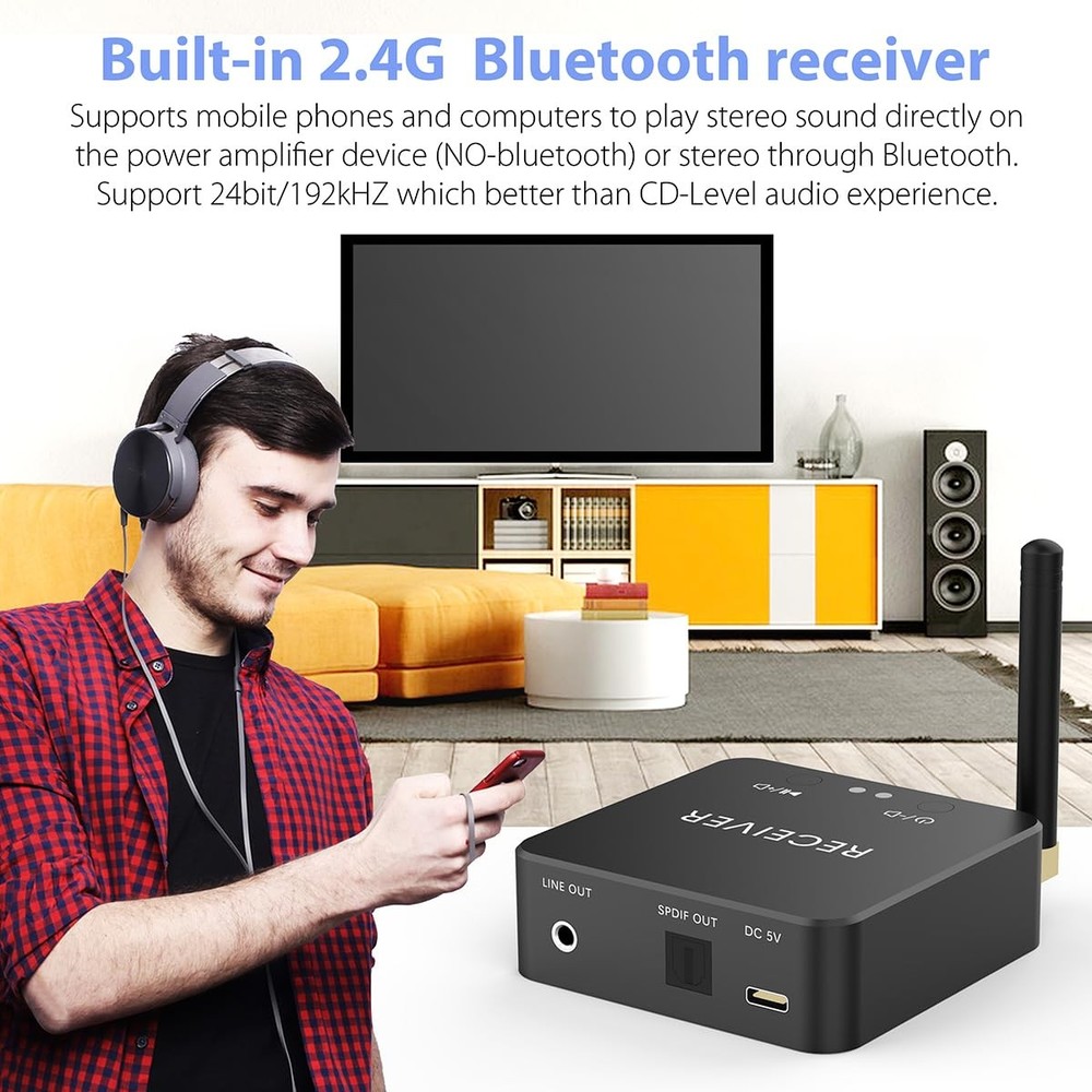 Wireless Bluetooth Receiver 192KHz Digital to Analog Audio, 160ft Long Range ...