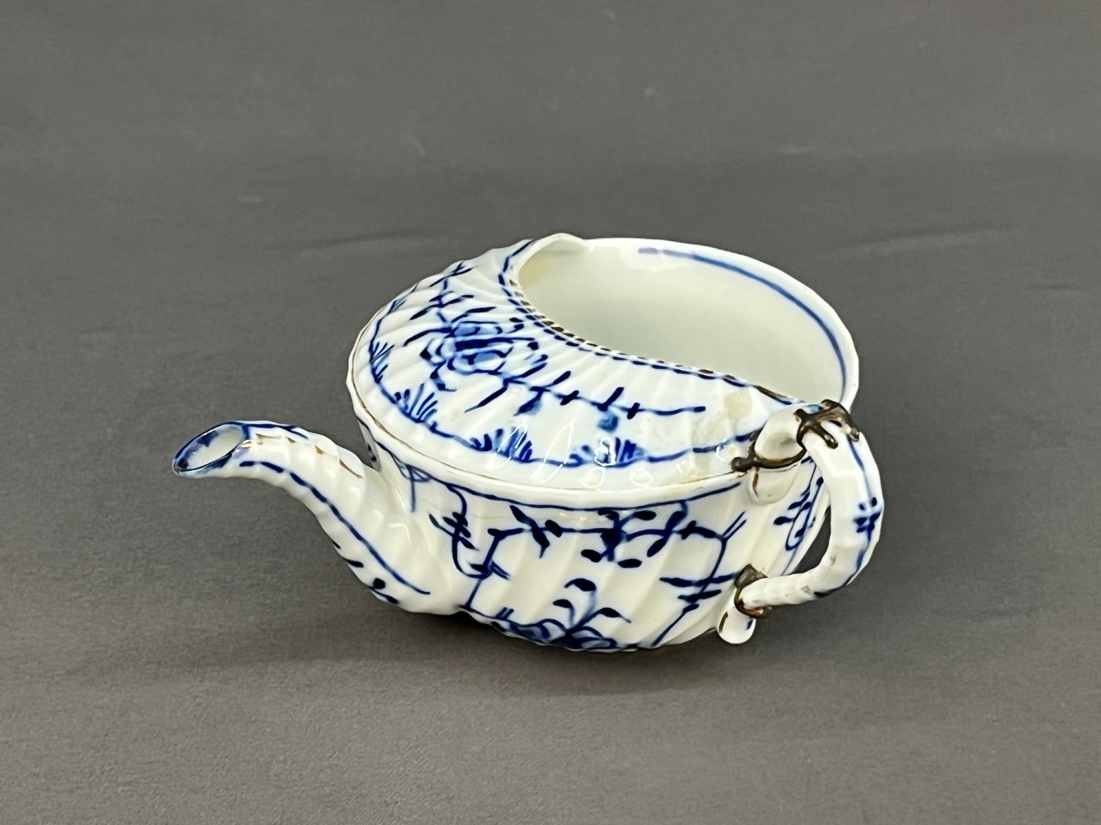 Royal Tettau BLUE ONION Invalid Feeder Pap Boat w/STAPLE REPAIR MAKE DO c. 1885