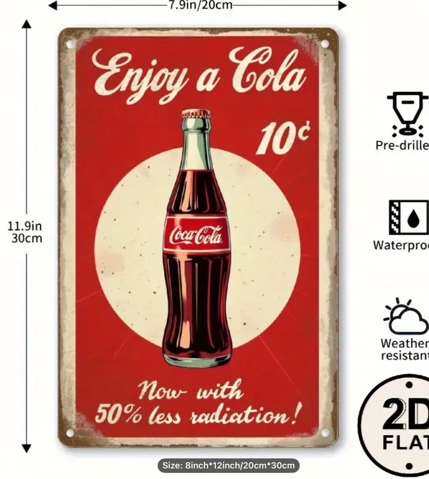 Cola Bottle Metal Sign, Retro Wall Decor, Vintage Coke advertising NEW. 8x12