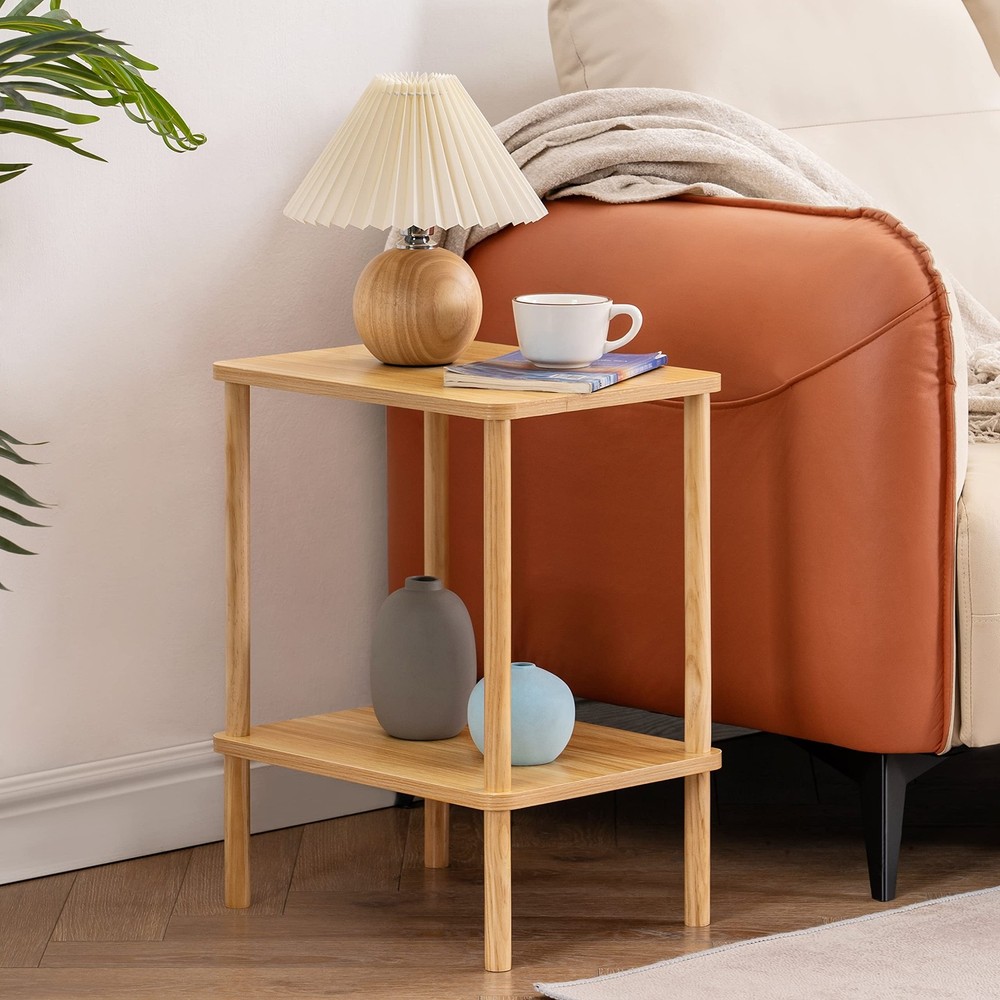 Apicizon 2 Tier End Table, Small Side Table with Solid Wood Legs, Boho Bedsid...