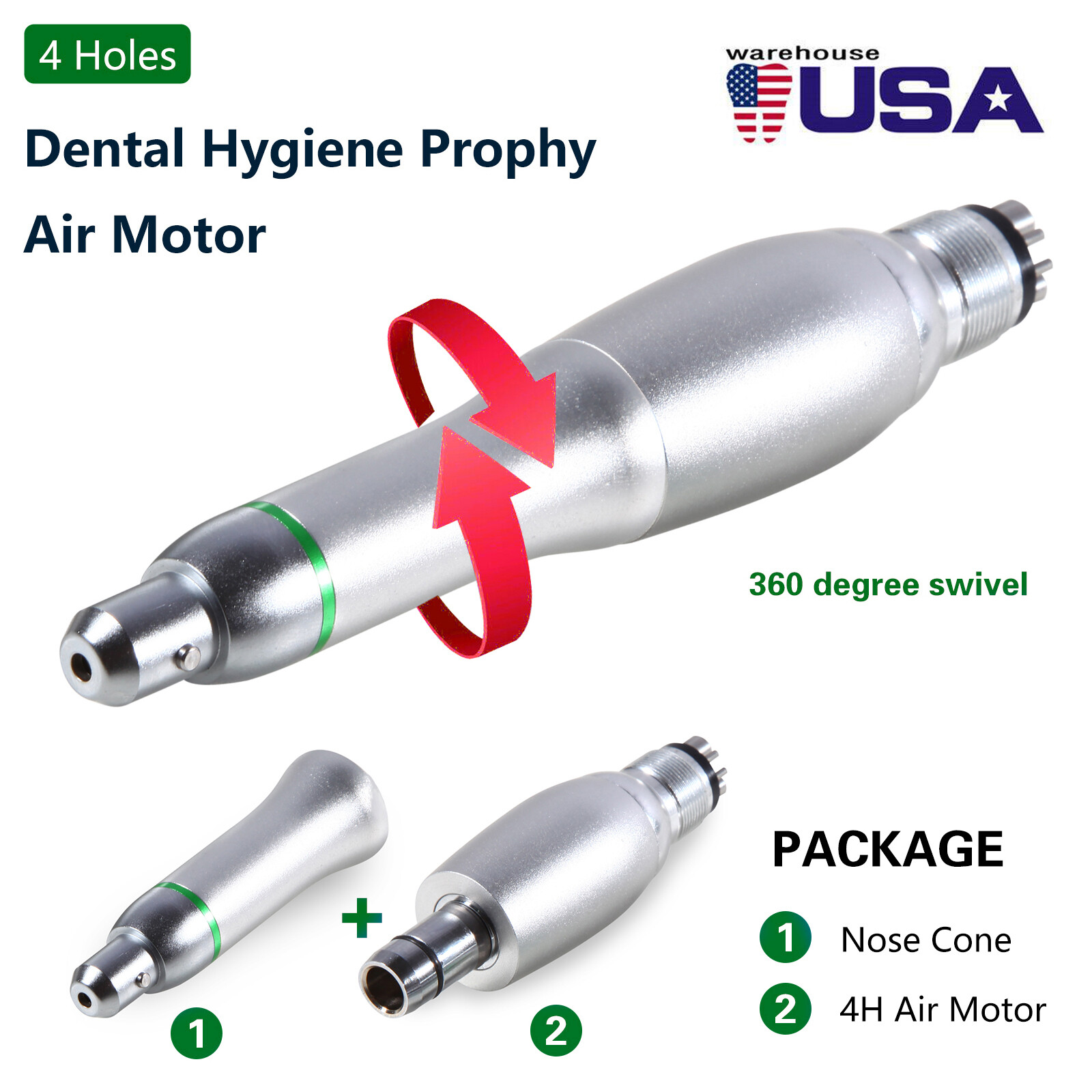 Dental Hygiene Prophy Handpiece Air Motor 4Holes & 4:1 Nose Cone 360° Swivel