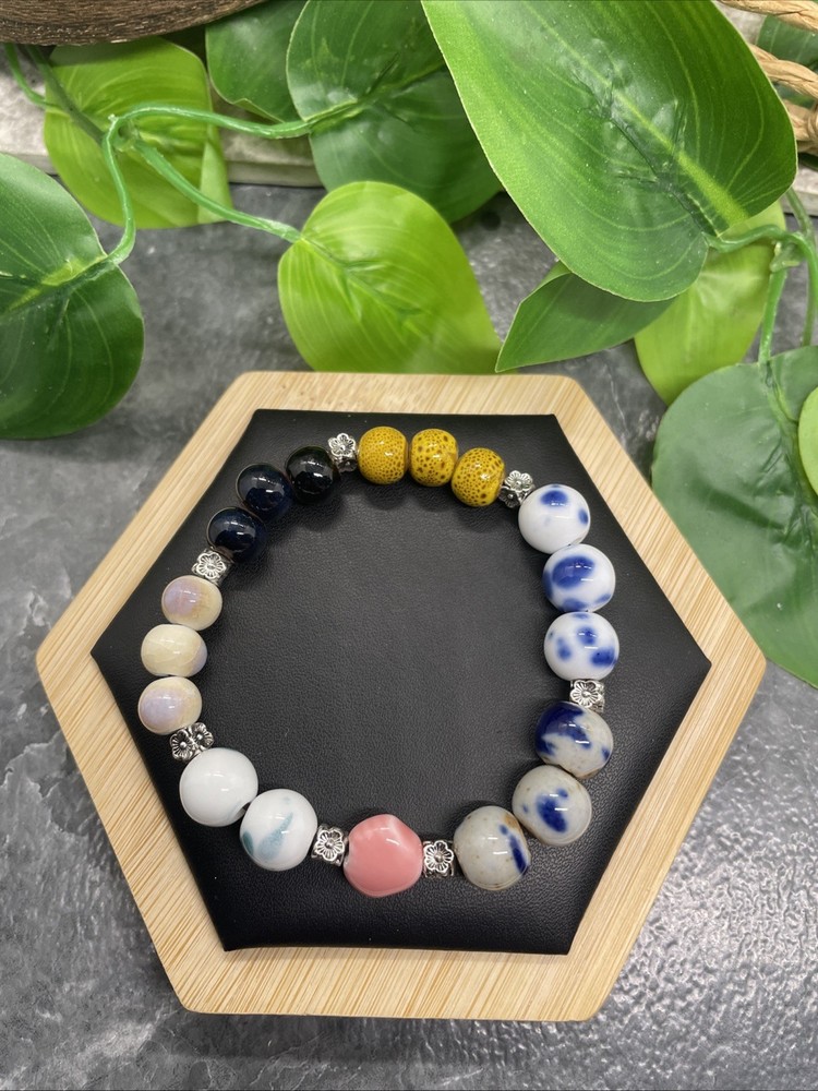 Handmade Ceramic Bead Beaded Stackable 6.5” Plus Stretch Bracelet New B231
