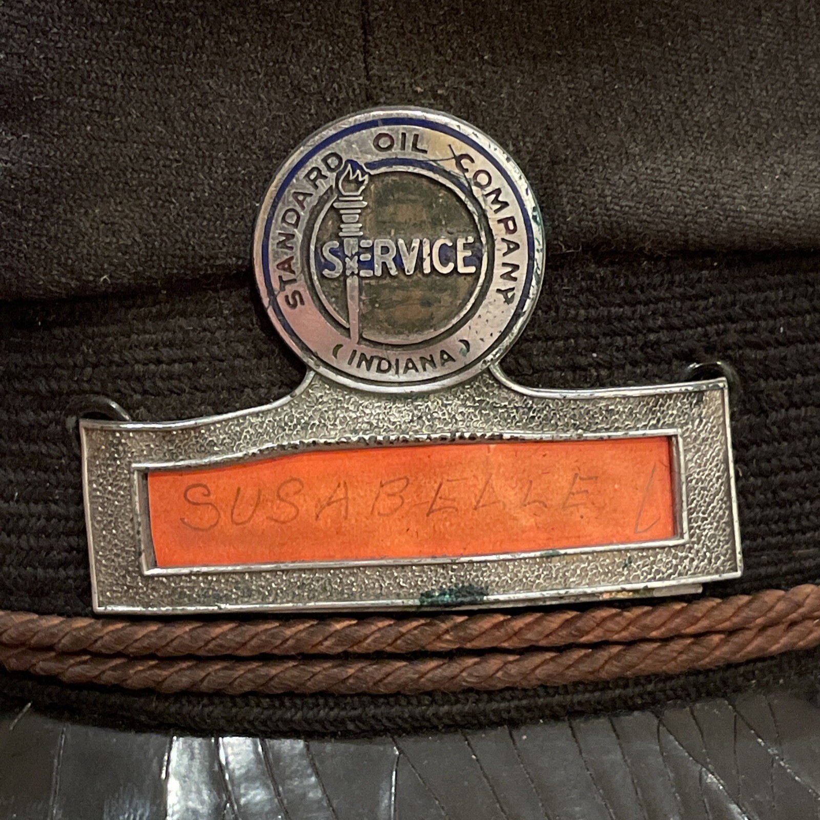 VINTAGE STANDARD OIL Indiana CO METAL ENAMEL SERVICE NAME GAS Hat Marshall Field