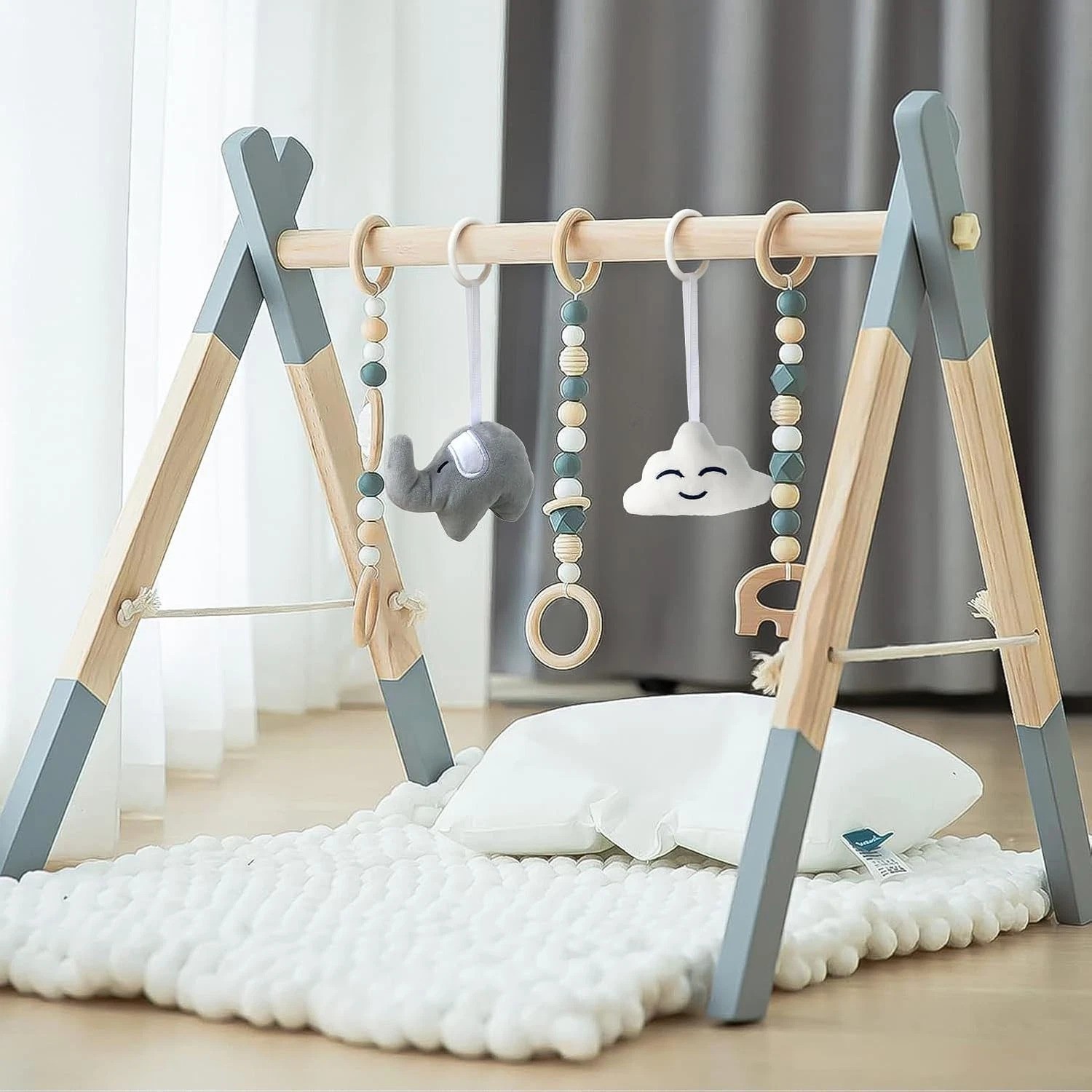 Natural Wooden Baby Play Gym: Foldable Activity Frame with 5 Stimulating Toys