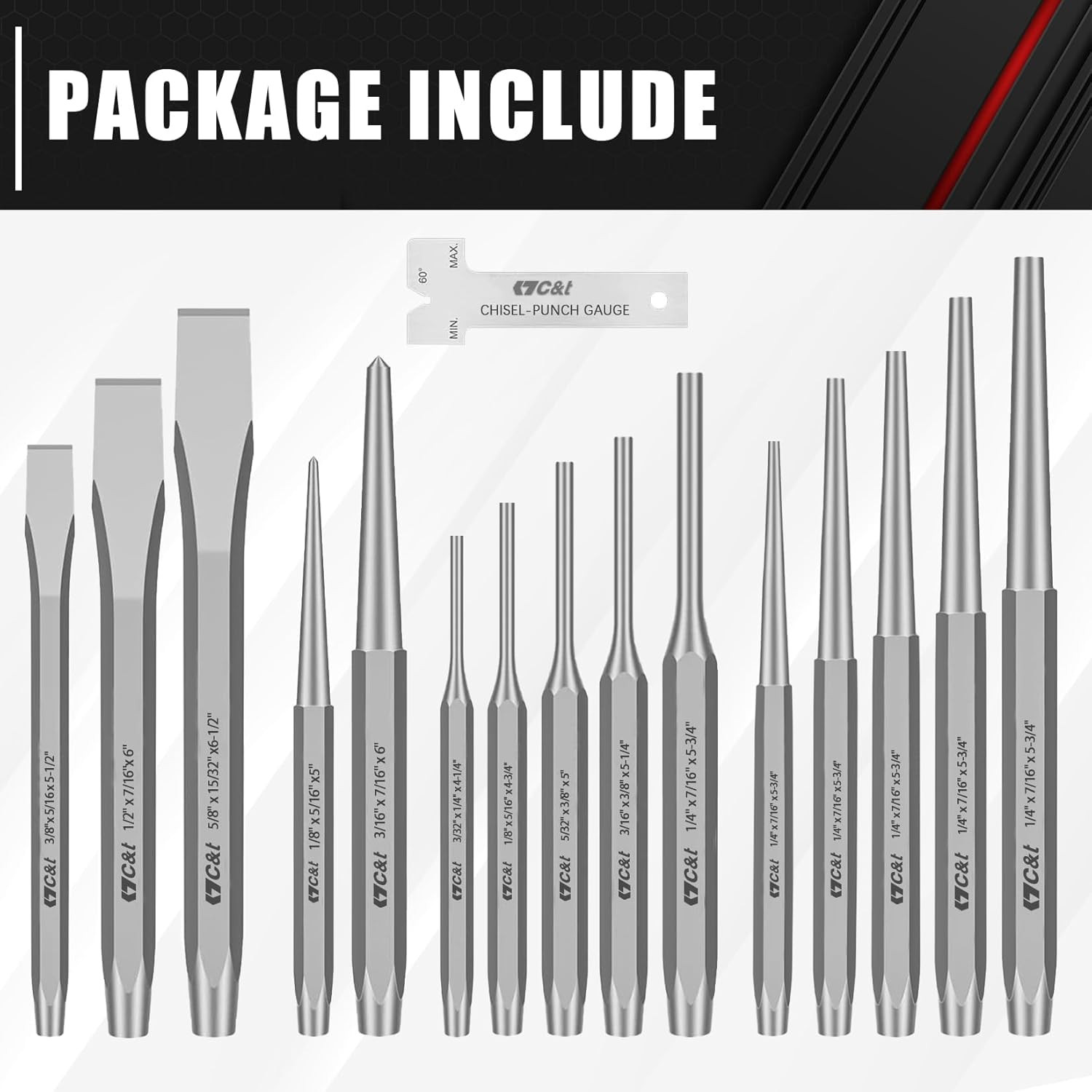 16-Piece Punch And Chisel Set With Storage Pouch Including Taper Cold
