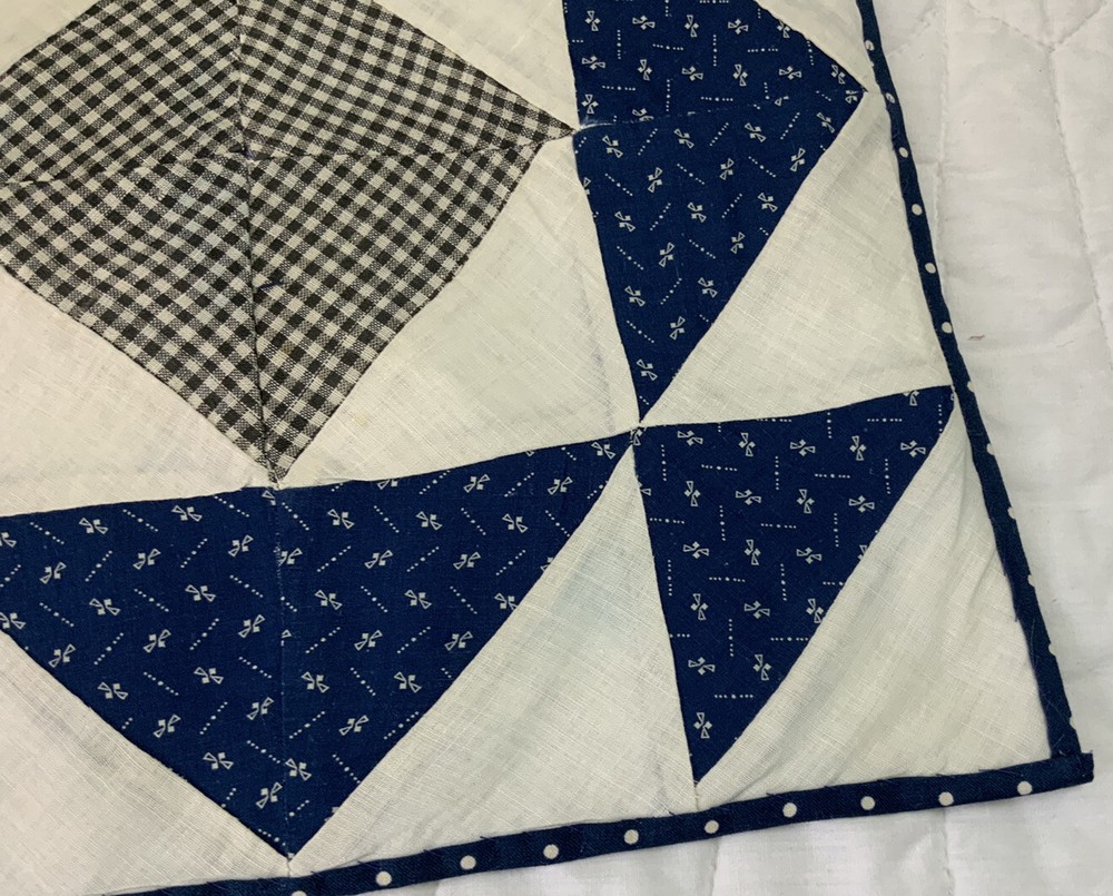 Vintage Patchwork Quilt Table Topper, Triangles, Early 1900’s, Navy, White