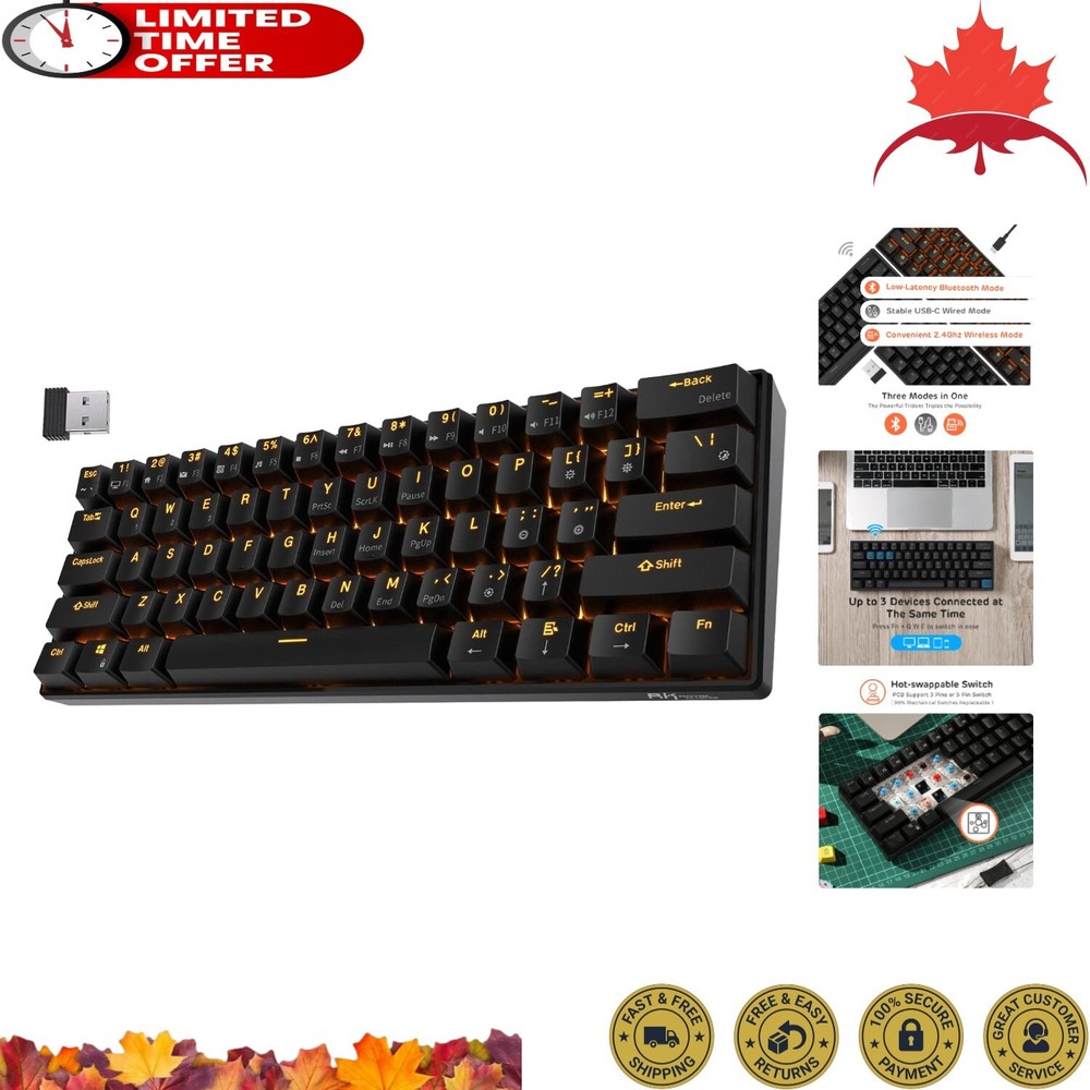 Compact Bluetooth Mechanical Keyboard - 61 Keys, Hot-Swappable Red Switch, Black