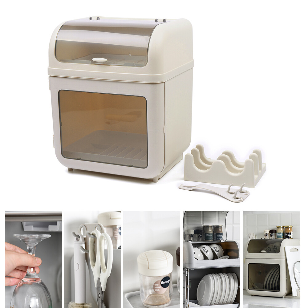 Covered Kitchen Dish Drying Rack Plastic Dustproof Drain Storage Box Utensil PP