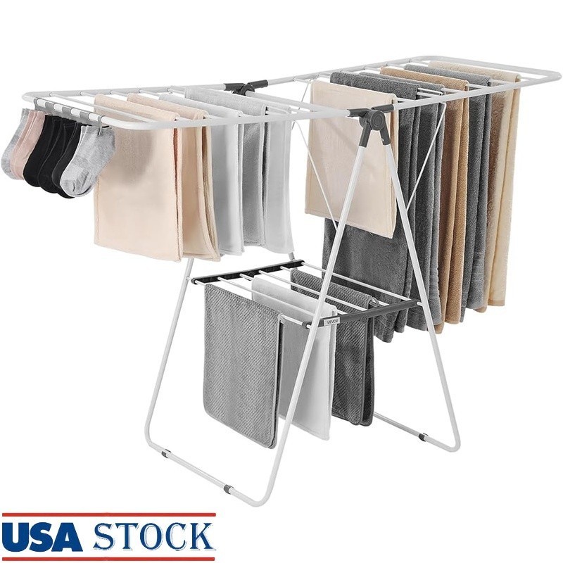 Large Capacity Adjustable Drying Rack W/ 21 Rods Foldable Design & Sock Clips US