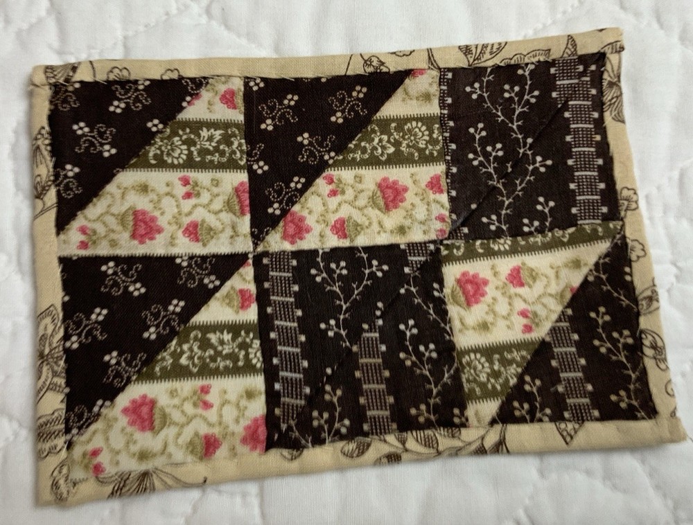Antique Patchwork Quilt Table Topper, Nine Patch, Triangle, Early Calicos, Brown