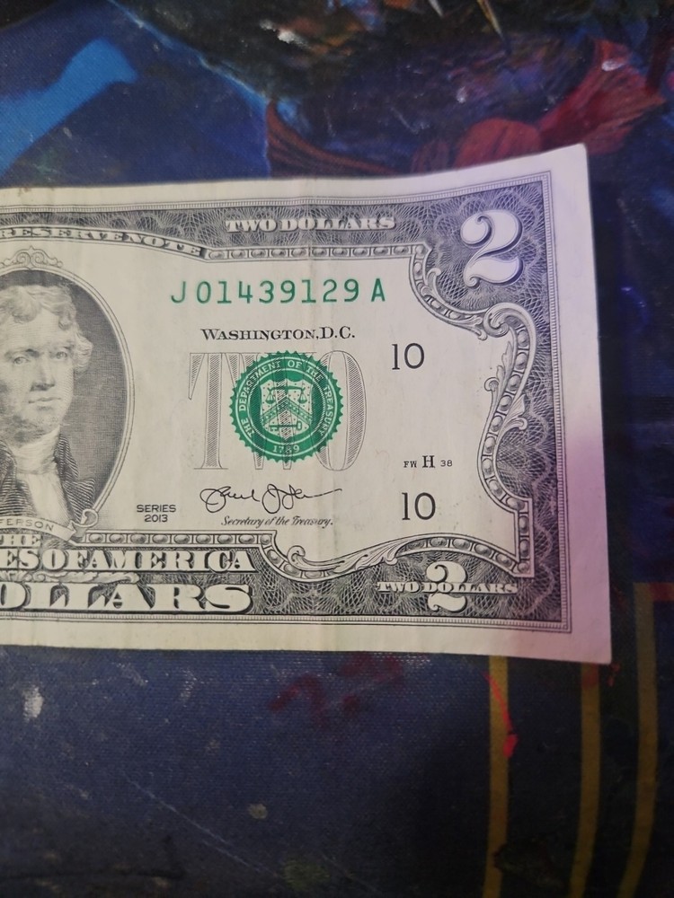 2013 $2 Dollar Bill Note Miscut/ Misaligned Error LOW SERIAL NUMBER #J01439129A