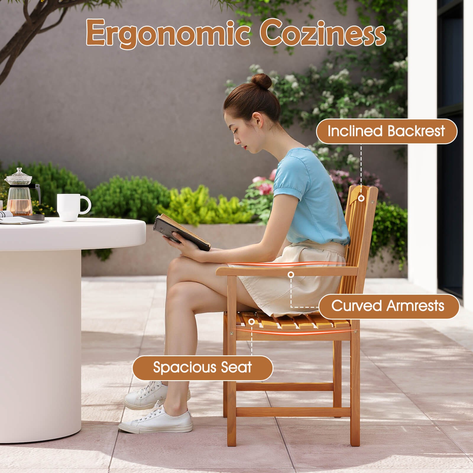 2PCS Outdoor Dining Chairs Acacia Wood Slatted Patio Chairs w/ Inclined Backrest