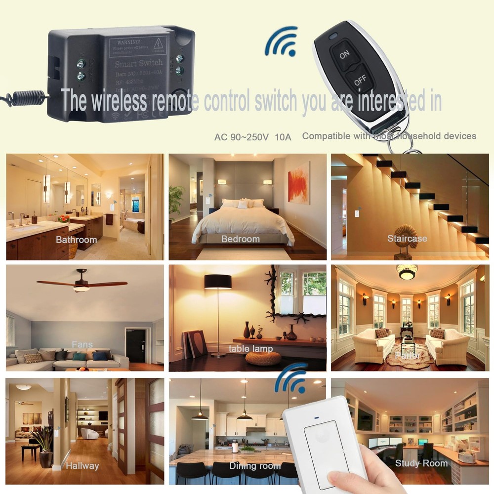 RPTCOTU Wireless Remote Light Switch No Control AC 1 way Black, Black