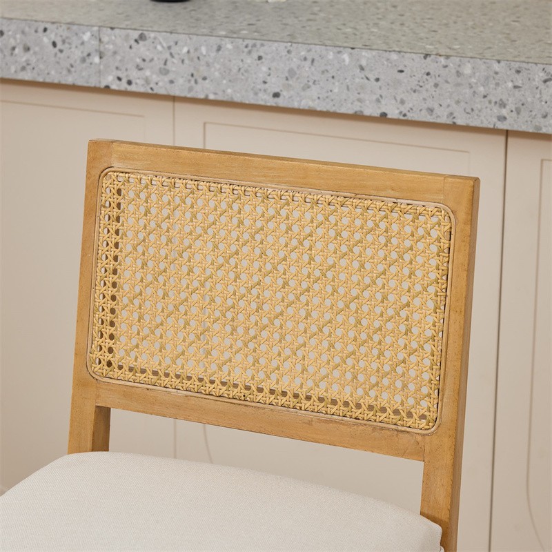 Set of 2 Solid Wood Rattan Bar Stools Comfort Linen Cushion High-Resilience Foam