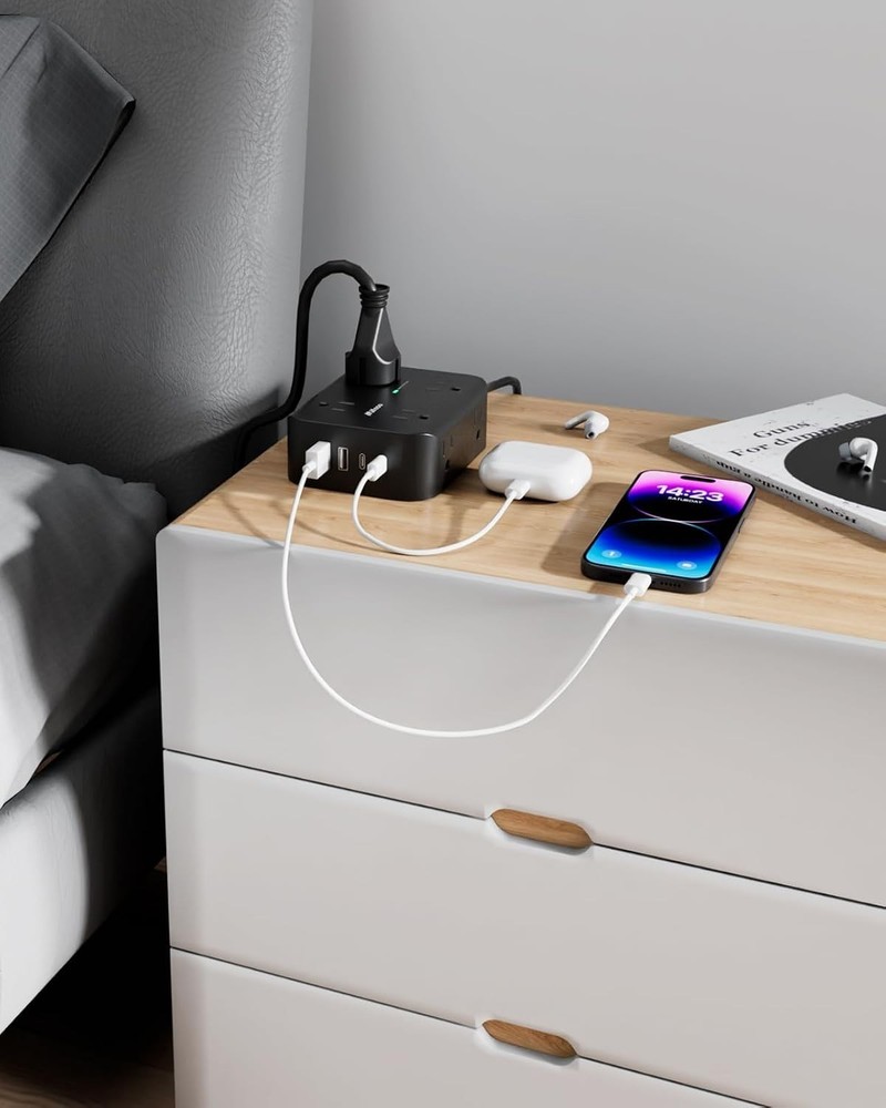 Power Strip Surge Protector 8 Outlets 4 USB Flat Plug 5Ft Cord