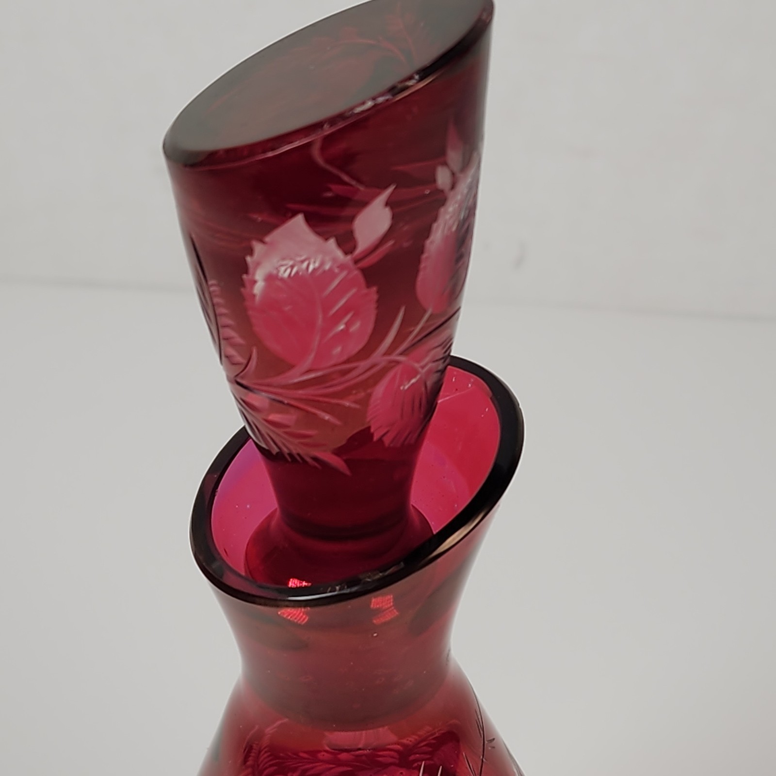 Bohemian Art Glass Ruby Red Liquor Decanter Etched Floral Design Vintage