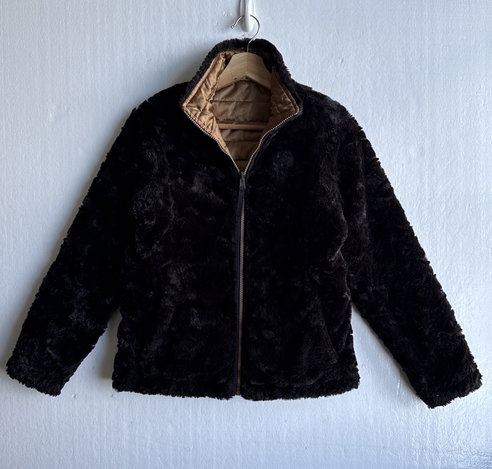 The North Face Girls Reversible Puffer Jacket Gold-Black Fleece Size Large 14/16