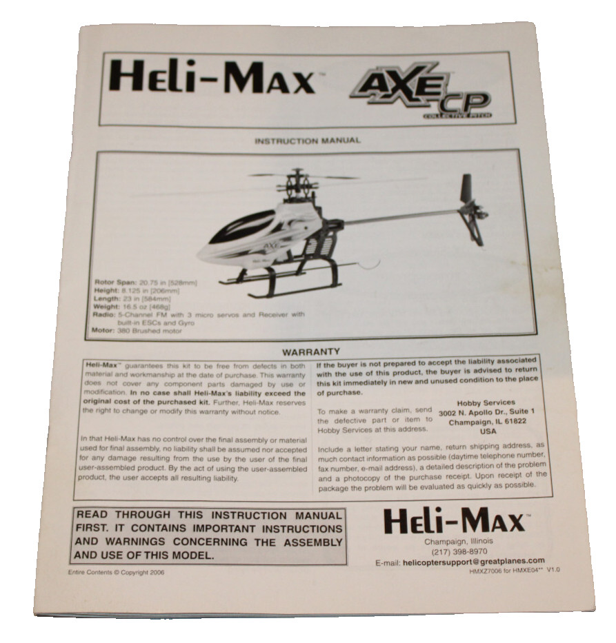 Heli-Max AXE CP Instruction Manual ONLY RC Helicopter