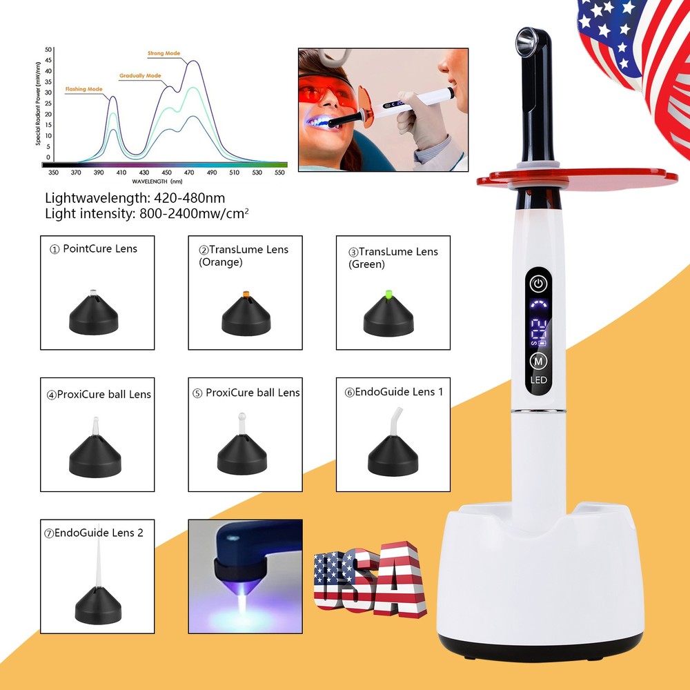 Potable Wireless LED Curing Light 1 Second with 7 Working Head Lens 2400mW/cm2