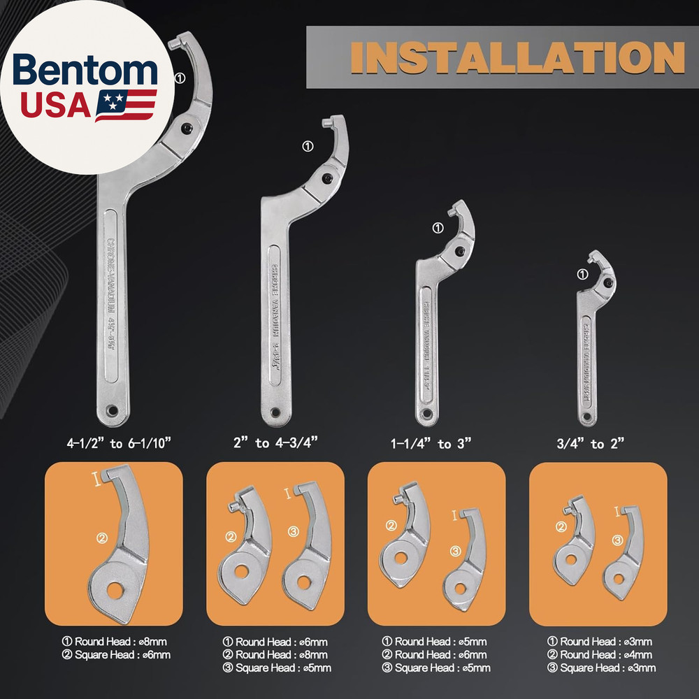 12Pcs Adjustable Spanner Wrench Sets with Replaceable Head, C-Shape Pin Hook Wre