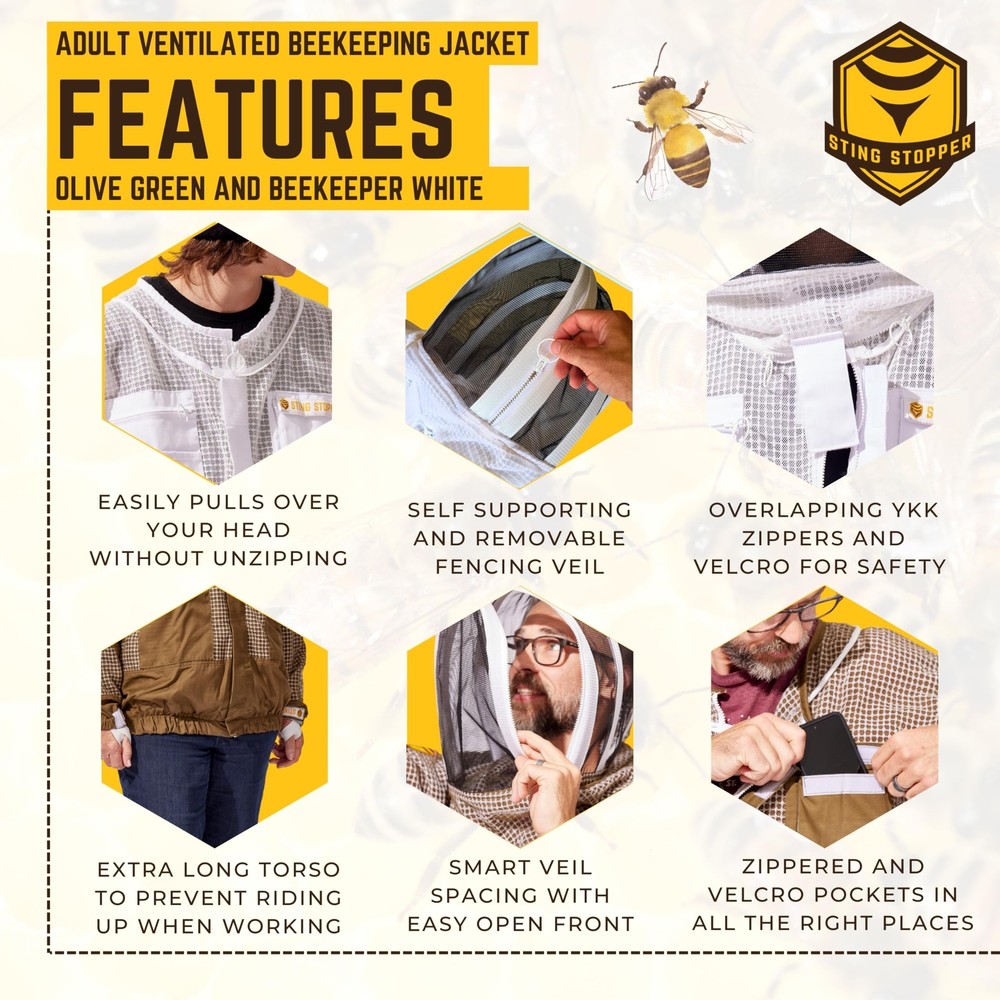 Sting Stopper Ventilated Beekeeping Jacket with Extended Toros, Quick Pullove...