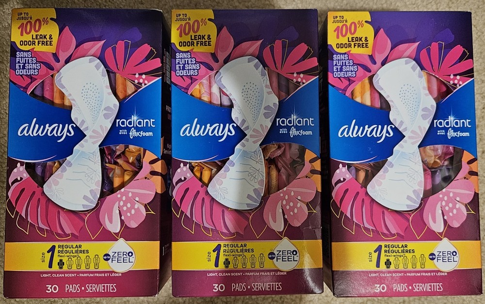 Always Radiant With Flexfoam, Size 1 Regular, 30 Count, 3 Box Bundle