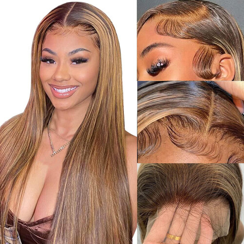 100% Human Hair Wig Ombre Highlight Straight 13X6 Lace Front Wigs Human Hair