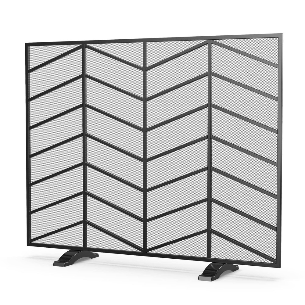 Single Panel Handcrafted Wrought Iron Mesh Chevron Fireplace Screen, Fire Spa...