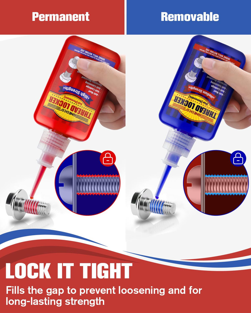 Thread Lock Blue and Red, Threadlocker Medium and Strong Strength, Thread Locker