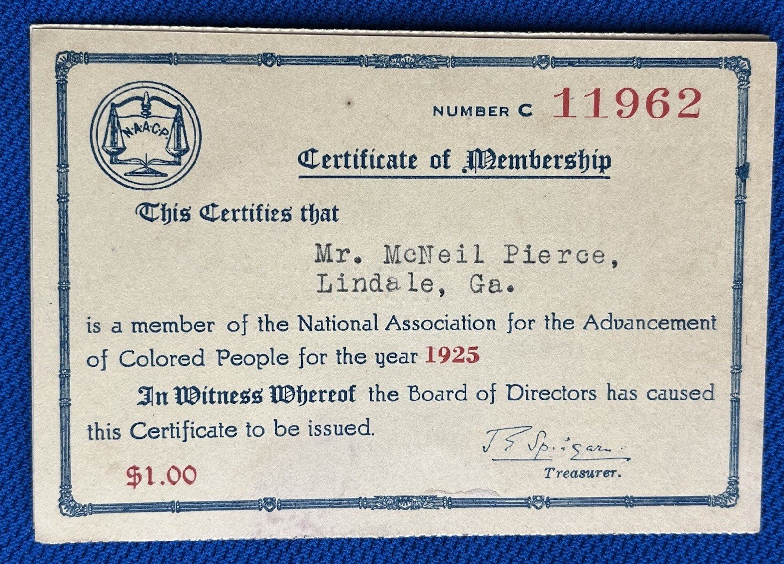 Super Early 1925 Georgia NAACP Membership Card Ga Chapter