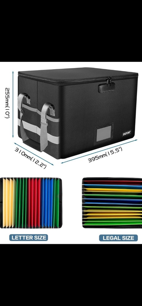 Fireproof File Box with Lock, Collapsible Document Organizer, Portable Storage