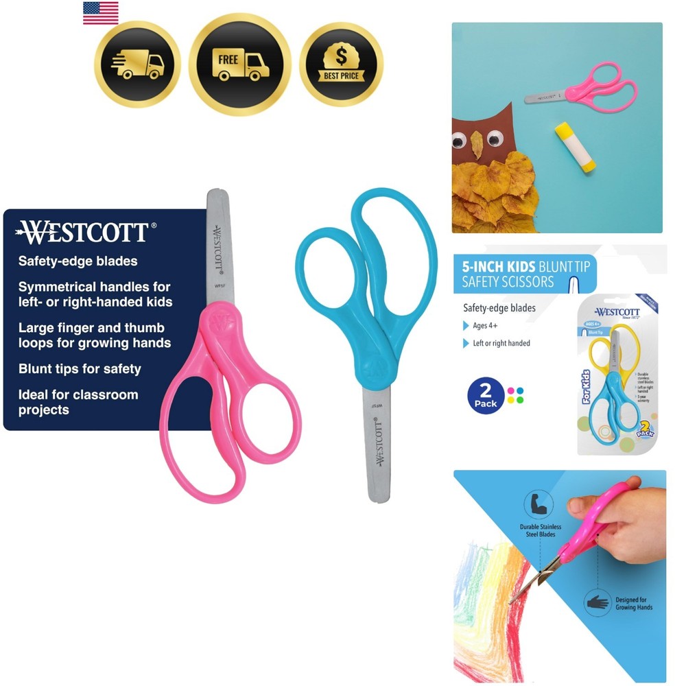 5" Hard Handle Kids Scissors, Blunt, Assorted Colors, 2-Pack