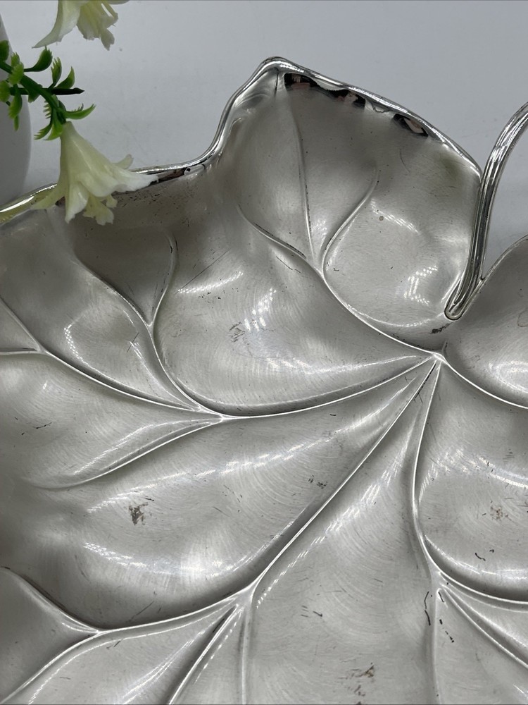 Vtg Germany EPBrass Silver IKORA WMF Grape Leaf Footed Dish Tray 6500