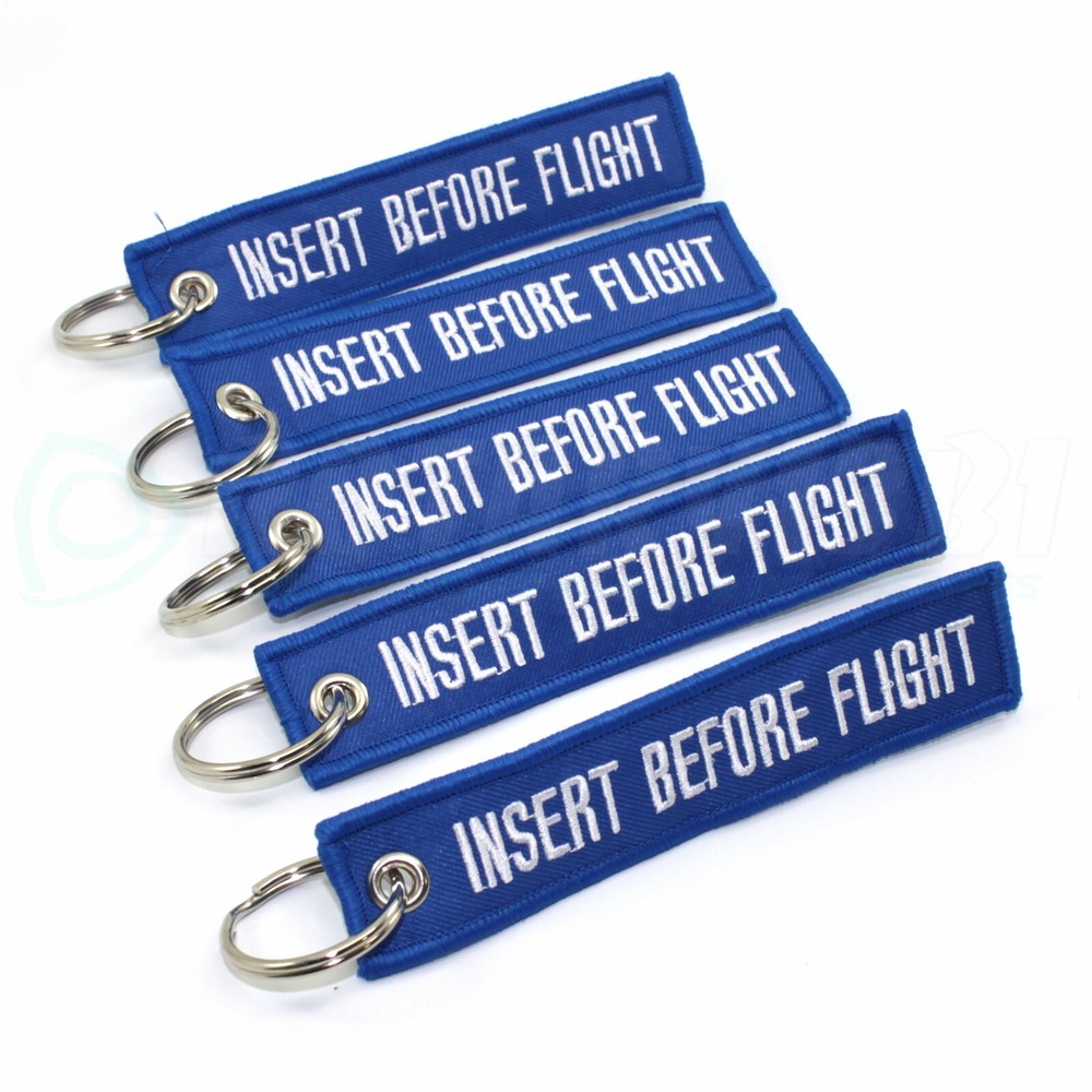 INSERT BEFORE FLIGHT KEYCHAIN QTY= 5 BLUE/white RING TAGS CABIN CREW PILOT