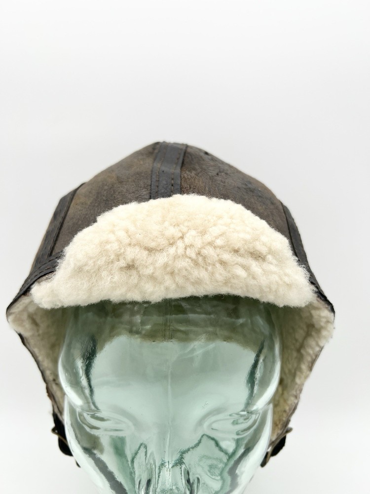 Vintage Shearling Leather Aviator Hat Flight Cap Brown Large Bomber