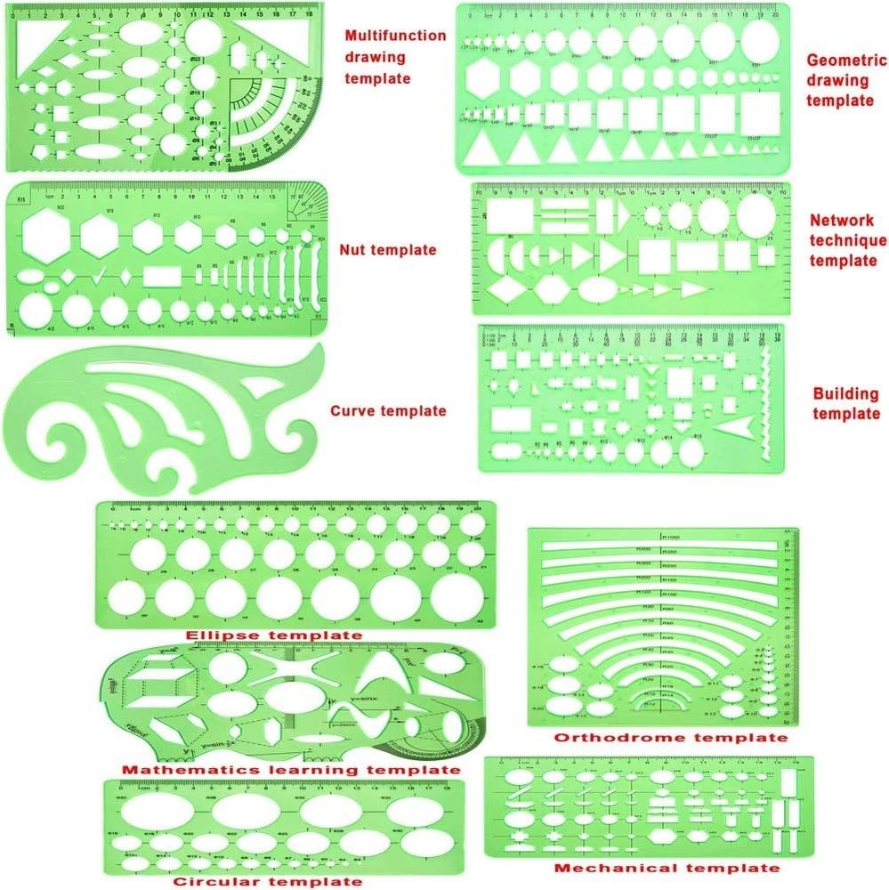 11pc Geometric Drawing Template Set Plastic Drafting Stencils School & Office