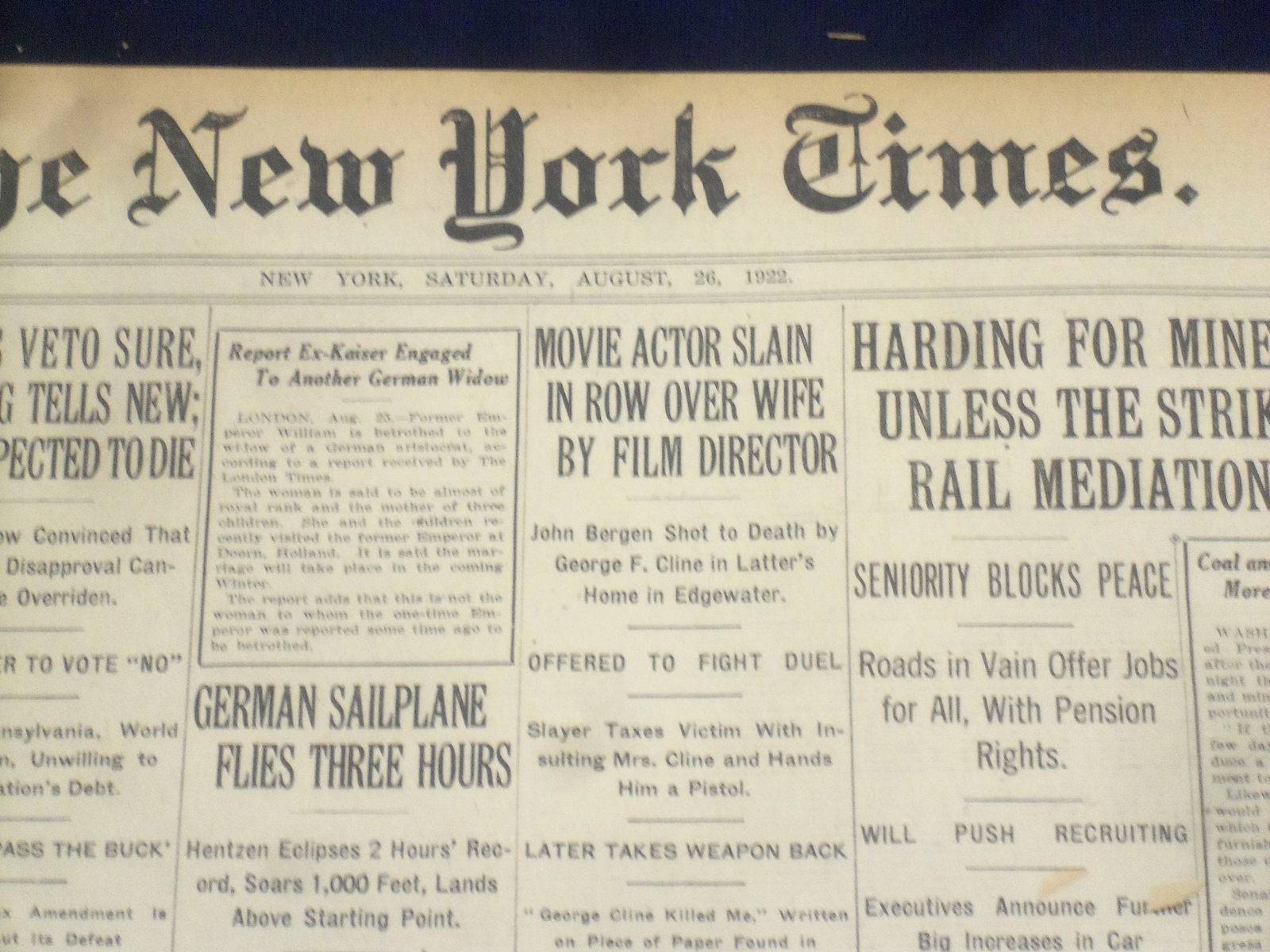 1922 AUGUST 26 NEW YORK TIMES - MOVIE ACTOR SLAIN BY DIRECTOR - NT 8383