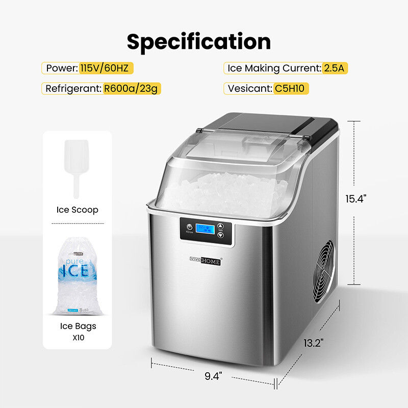 44lbs/Day Electric Chewable Nugget Ice Cube Maker Machine Self-Clean Function