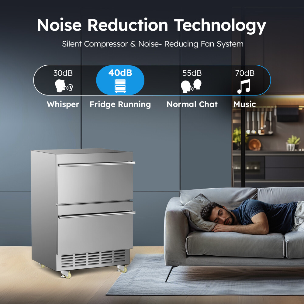 24 Inch Under Counter Refrigerator Double Drawer Beverage Fridge Stainless Steel